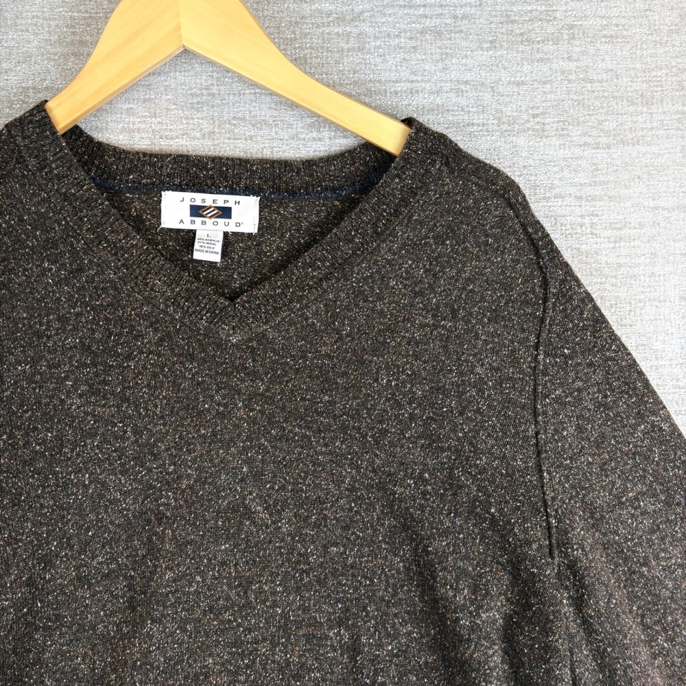 Joseph Abboud Mens L Brown Silk Wool V-Neck Sweater EUC Elbow Patch Grandpacore